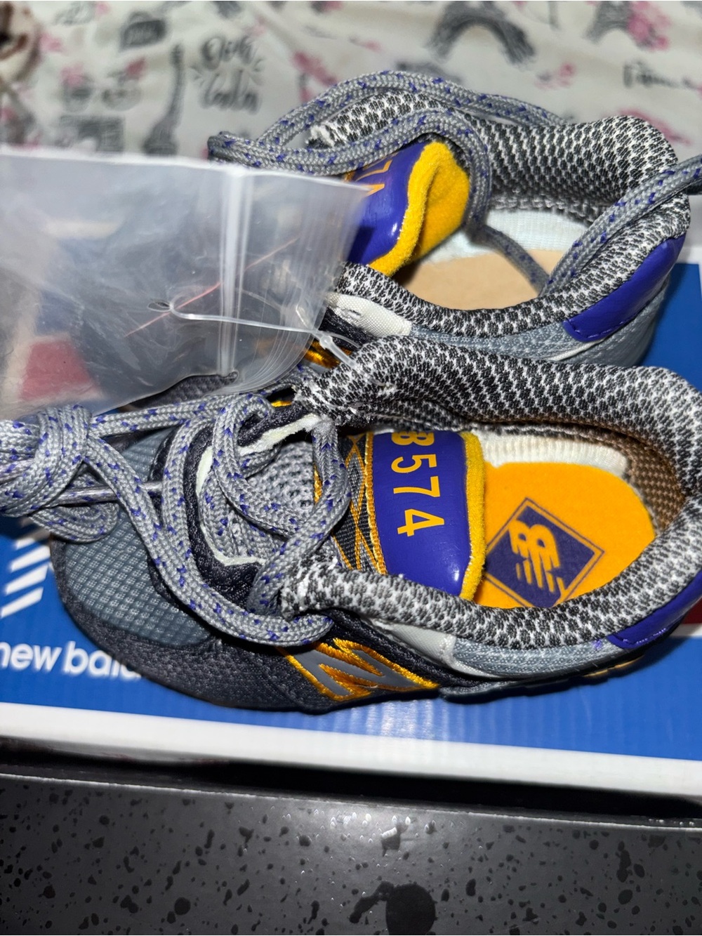 New Balance Kids 8574 Sneakers in Gray, Yellow and Purple